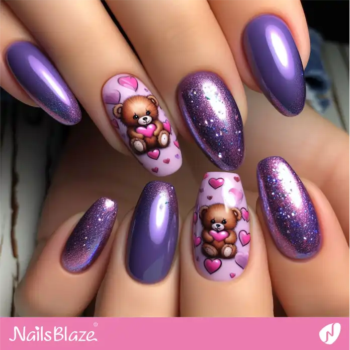 Glitter Design Purple Teddy Nails | Valentine Nails - NB2419